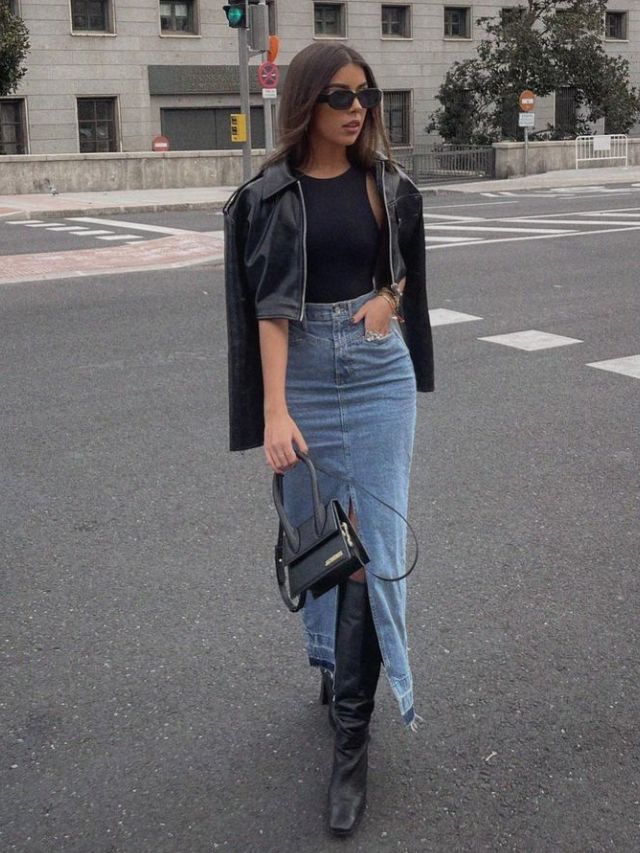 saia jeans e bota para o inverno