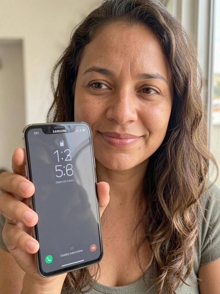 Mulher segura um Samsung Galaxy com tela bloqueada, olhando para o aparelho com expressão pensativa.