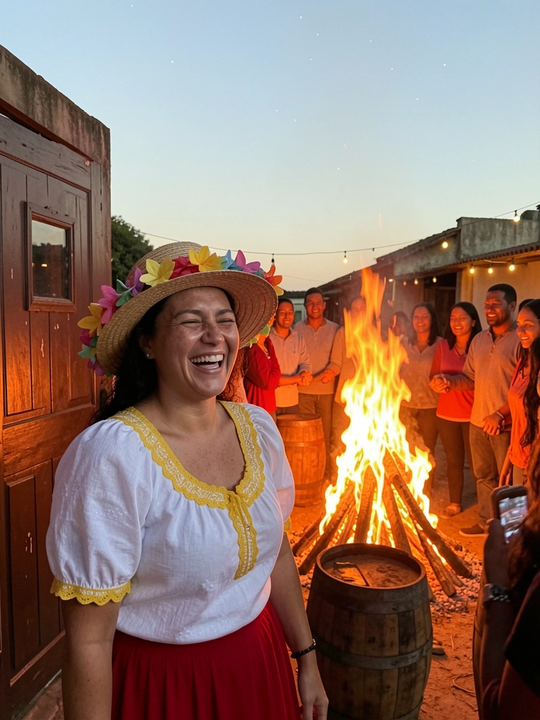Pessoas ao redor de uma grande fogueira em uma noite escura, comemorando uma antiga celebração pagã.