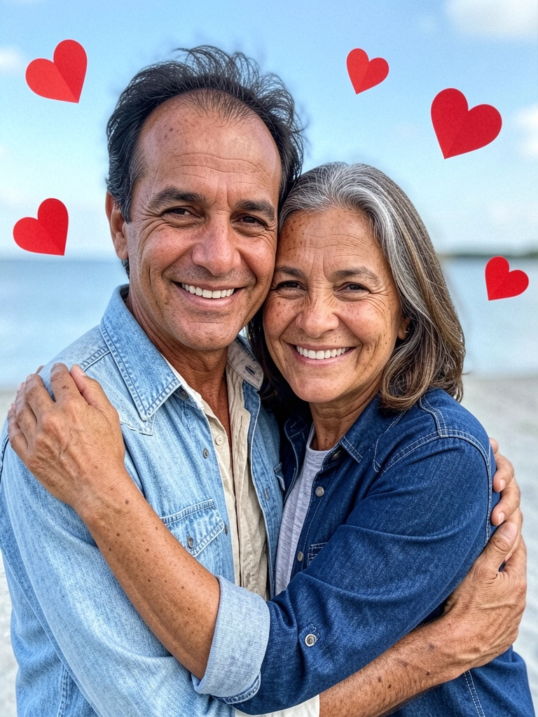 Casal abraçado sorrindo, com corações vermelhos flutuando ao redor.