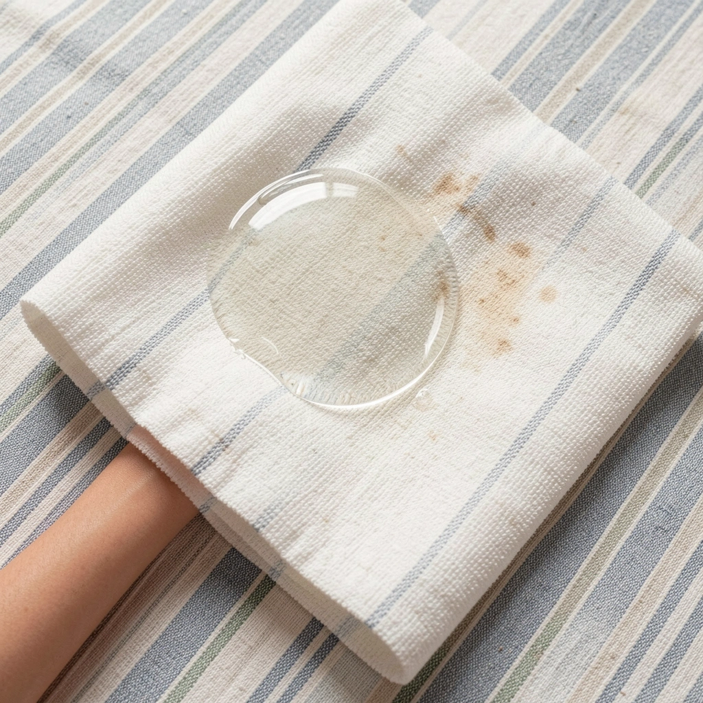 Detalhe de tecido listrado azul e branco com mancha de caneta sendo removida por algodão embebido em vinagre diluído.