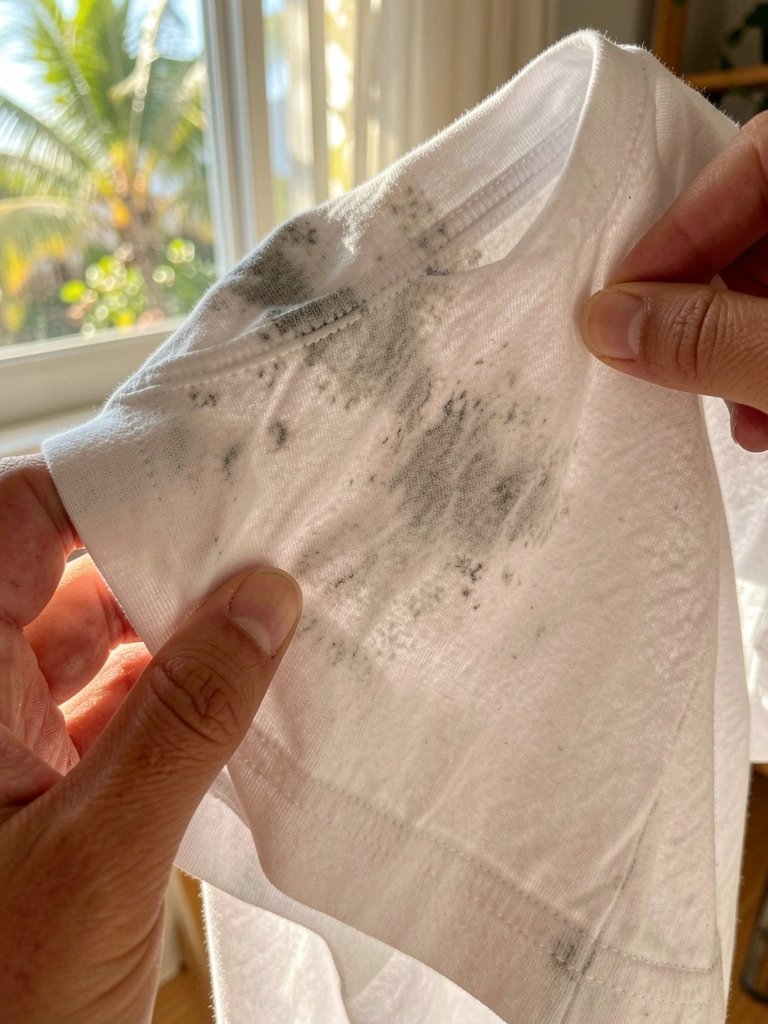Camiseta branca de algodão com manchas escuras na gola e costura, mão segurando o tecido, luz natural suave.