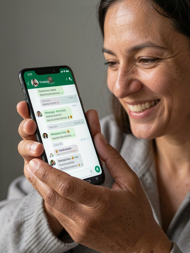Mulher segura celular Samsung com tela do WhatsApp aberta.