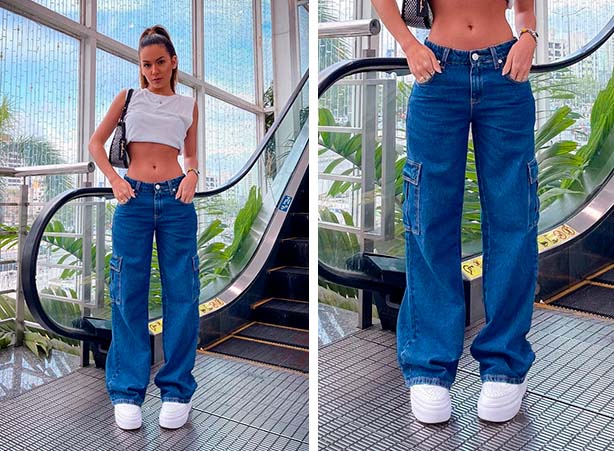 calça wide leg jeans com tênis