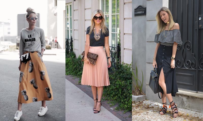 looks com saia midi para alongar a silhueta