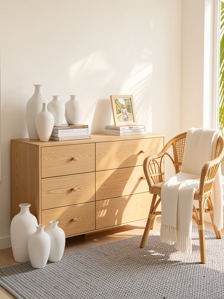 Cômoda de carvalho claro com três gavetas, cadeira de rattan com manta branca, vasos de cerâmica branca em alturas variadas, livros e revista empilhados, moldura com foto, tapete cinza texturizado, luz natural.