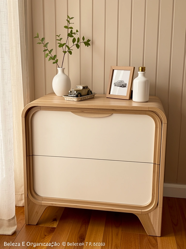 Cômoda de madeira clara com gavetas de painel creme, vaso branco com ramo verde e carrinho vintage sobre bandeja, luz natural suave.