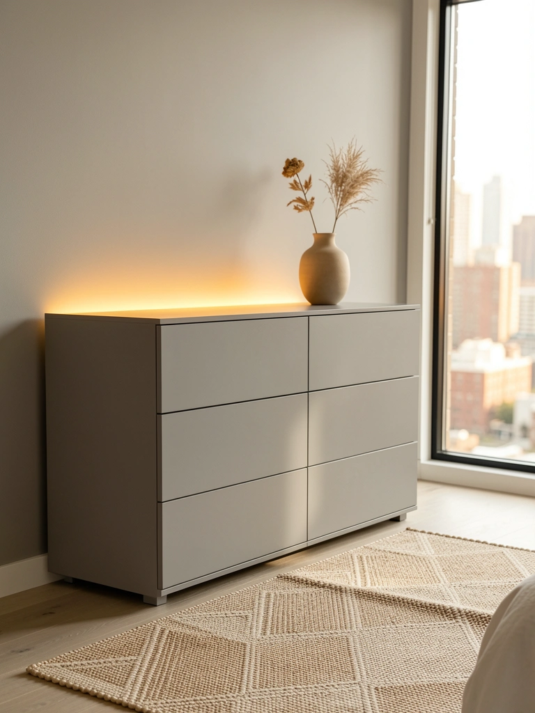 Cômoda cinza fosca com três gavetas sob faixa de luz quente horizontal, vaso bege com flor seca e tapete geométrico no chão.