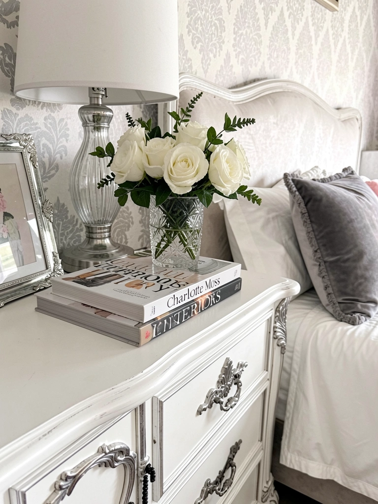 Luminária de mesa com moldura prateada sobre cômoda branca ornamentada, vaso de cristal com rosas brancas e livros empilhados, papel de parede cinza e branco ao fundo.