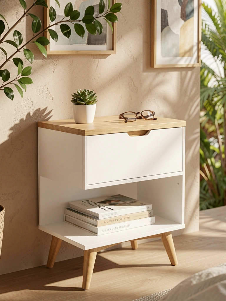 Criado-mudo branco e madeira clara com gavetas, suculenta em vaso branco e óculos sobre tampo, livros na prateleira inferior, parede bege texturizada e quadro abstrato ao fundo, luz natural.