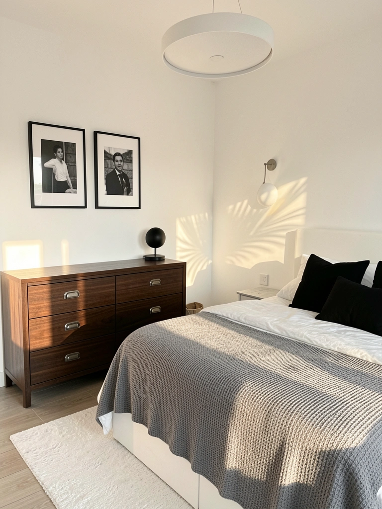 Cômoda de madeira escura com puxadores metálicos, cama branca com manta cinza texturizada e almofadas pretas, e luz natural entrando por janela.