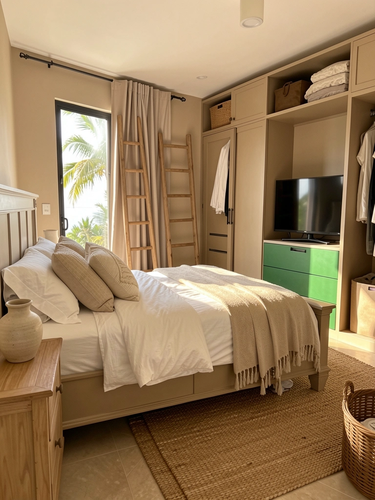 Cama de madeira bege com roupa de cama branca e almofadas texturizadas, escrivaninha de madeira com vaso de cerâmica, guarda-roupa embutido com gaveteiro verde, luz natural do dia.