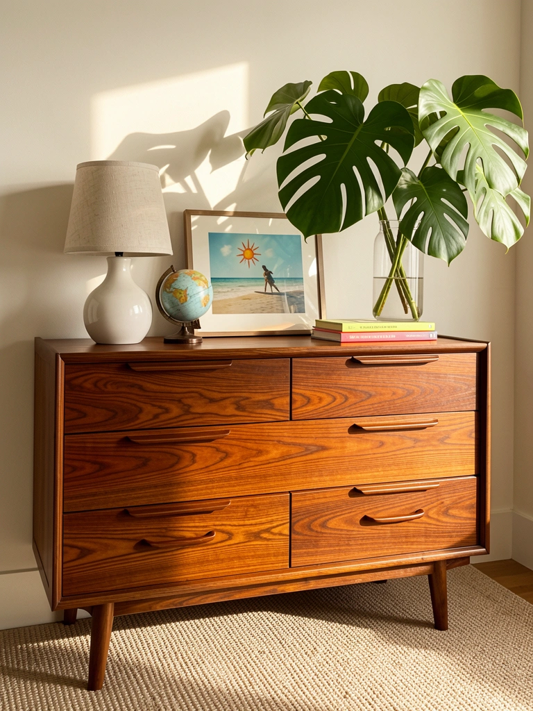 Cômoda de madeira com quatro gavetas, luminária branca de cerâmica, globo decorativo, quadro de praia, livros coloridos e vaso com Monstera em vidro, luz natural.