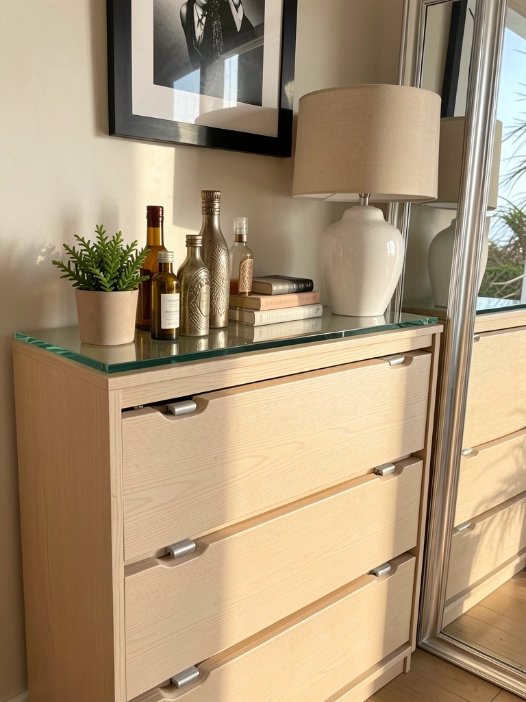 Cômoda clara de seis gavetas com tampo de vidro sobre ela, garrafas decorativas e livros, espelho prateado alto ao lado, luminária de cerâmica branca com cúpula bege, quadro preto e branco pendurado, vaso de planta, luz natural do dia.