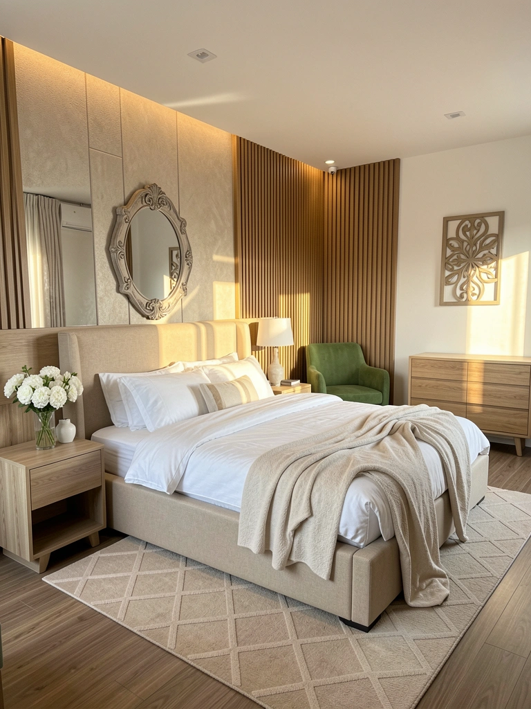 Cama bege estofada com roupa de cama branca, espelho decorativo sobre criado-mudo de madeira clara, poltrona verde e luz natural entrando pela janela.
