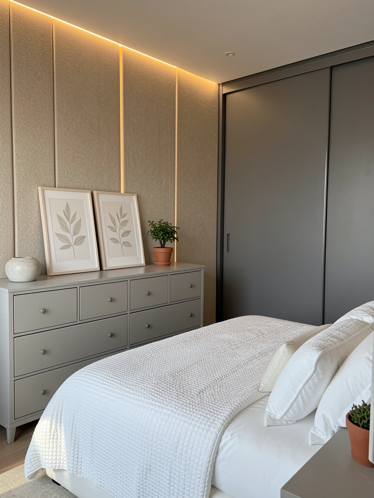 Cômoda cinza clara com gavetas, cama branca com edredom texturizado, painel bege e luz LED suave.