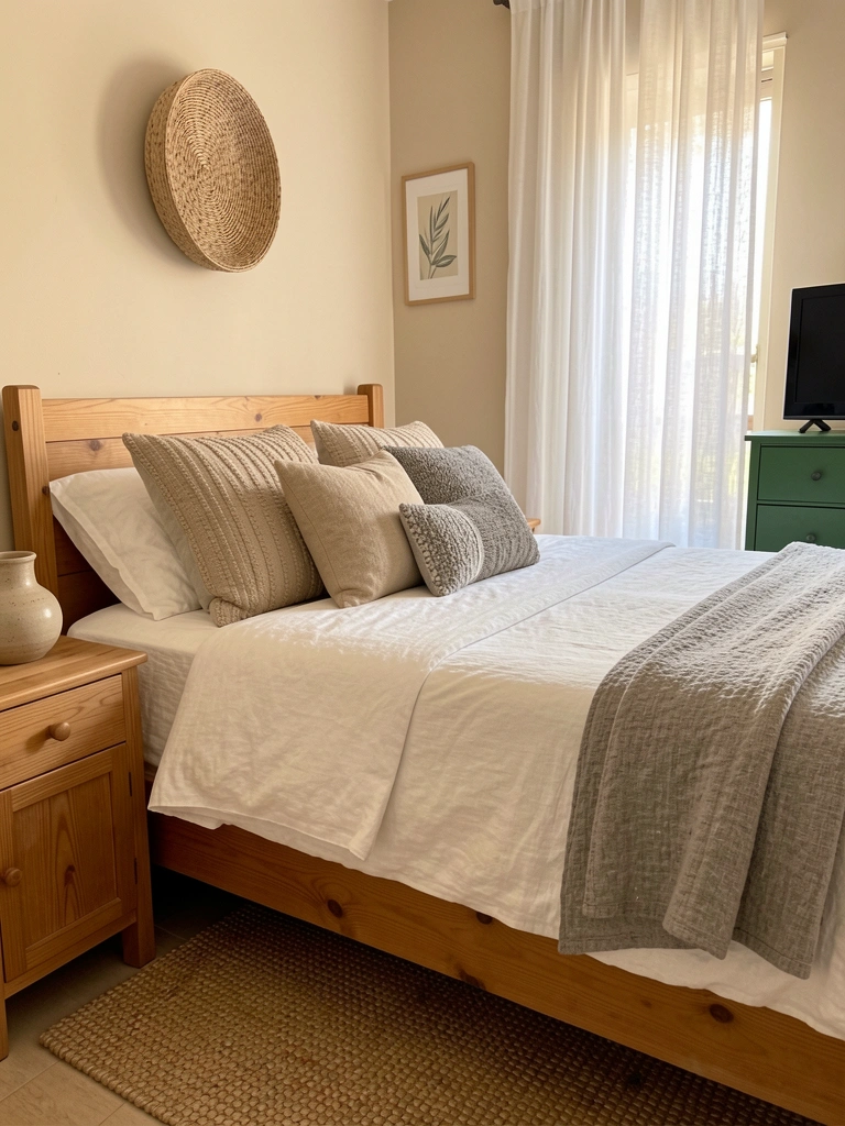 Cama de madeira com edredom branco e almofadas bege e cinza, tapete trançado, mesa de cabeceira com vaso de cerâmica, parede clara com cesto e quadro, cômoda verde ao fundo, luz natural através de cortinas brancas.