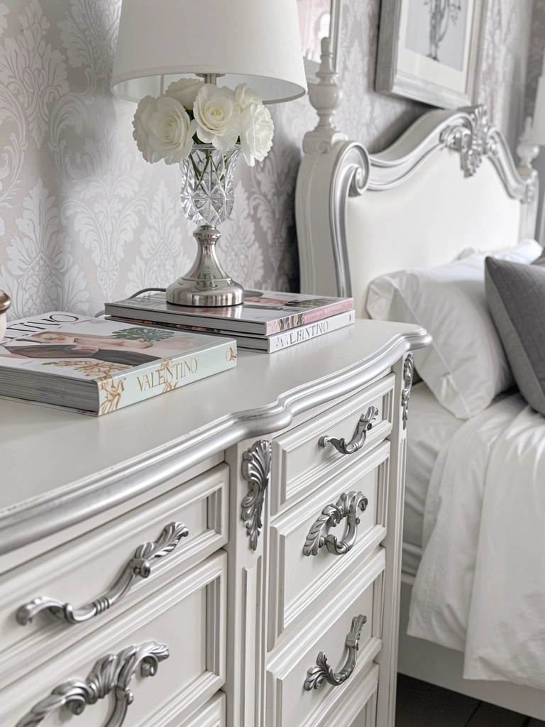 Cômoda branca ornamentada com puxadores prateados, abajur com moldura prateada e arranjo floral em vaso de cristal, pilha de revistas de moda, papel de parede cinza claro e cama com roupa de cama branca ao fundo.