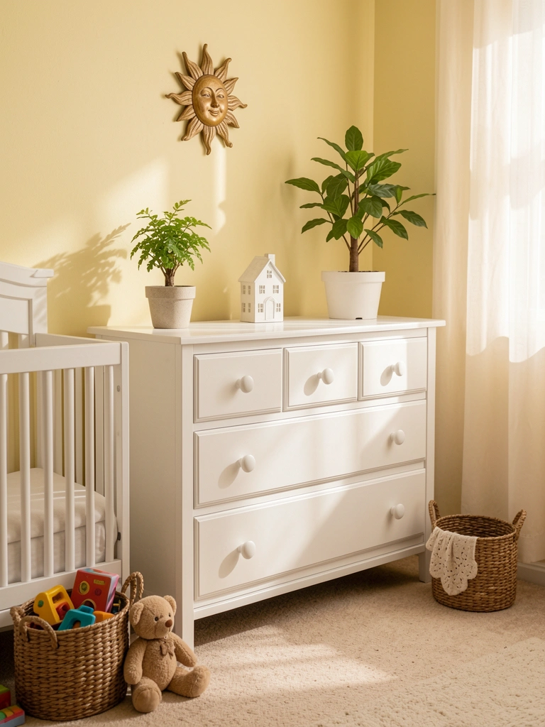 Cômoda branca com puxadores redondos e painel decorativo em quarto com berço, cesto de brinquedos e planta, luz difusa suave.