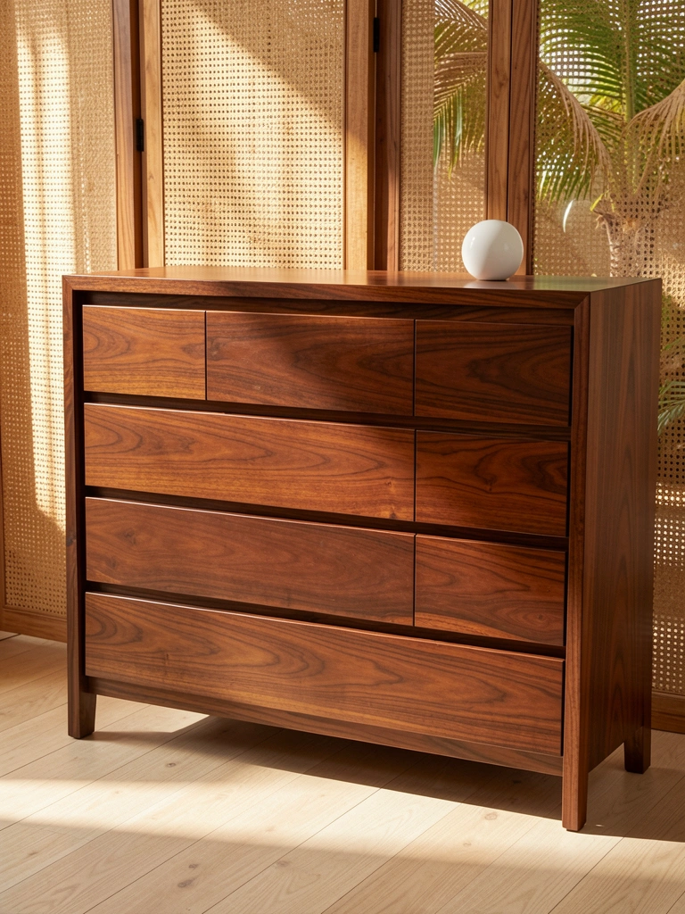 Cômoda de mogno com nove gavetas, esfera branca no tampo, painel de rattan ao fundo e luz natural.