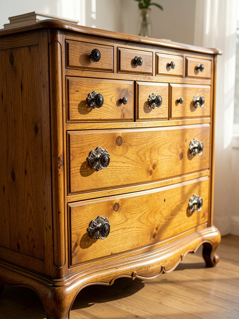 Cômoda de madeira honey-toned com nove gavetas, puxadores pretos e dourados ornamentados, luz natural destacando a textura dos nós e veios da madeira.