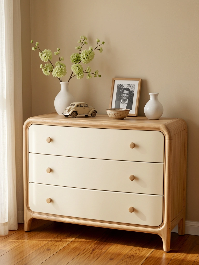 Cômoda de madeira clara com gavetas creme, vaso branco com ramo verde claro e carrinho de brinquedo vintage sobre tampo, luz natural suave.