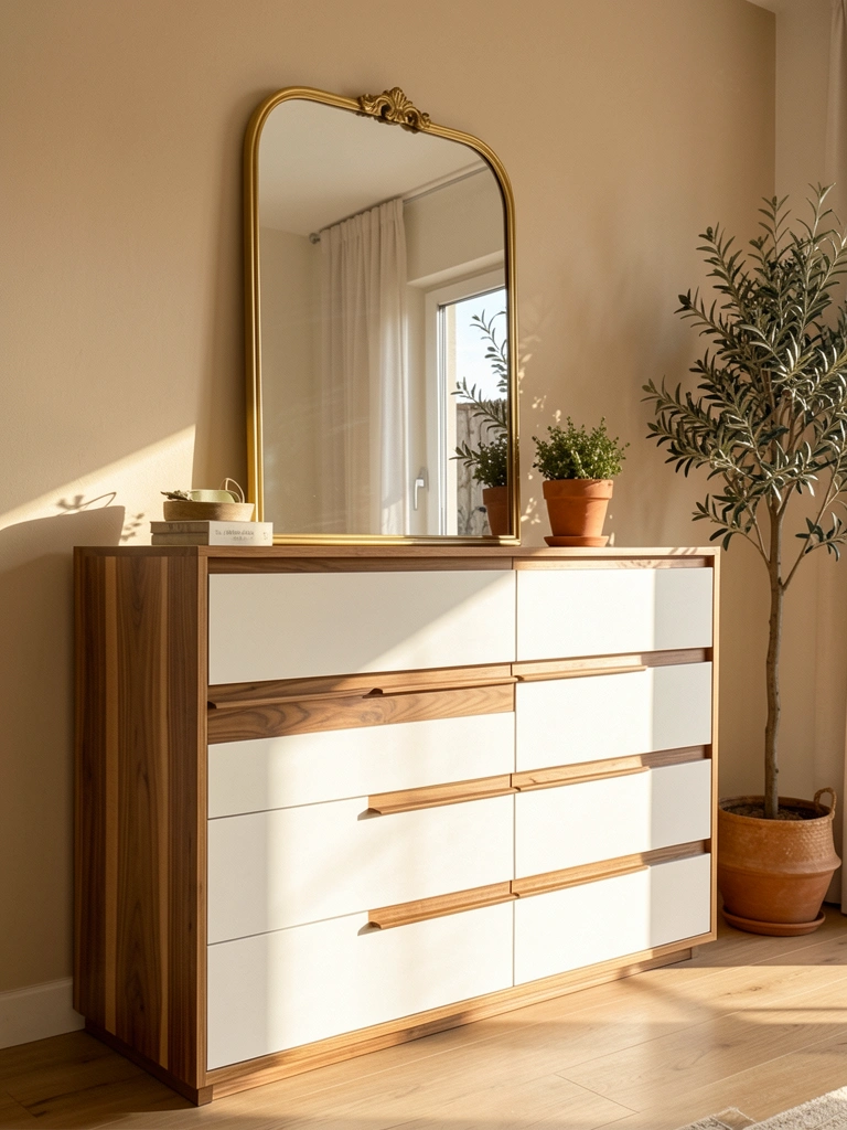 Cômoda de madeira clara com seis gavetas brancas, vaso de oliveira ao lado e espelho dourado refletindo o móvel, luz natural.