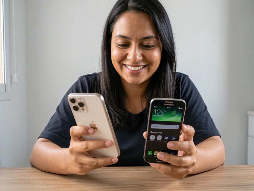 Mulher sorrindo segura dois smartphones lado a lado sobre uma mesa de madeira.