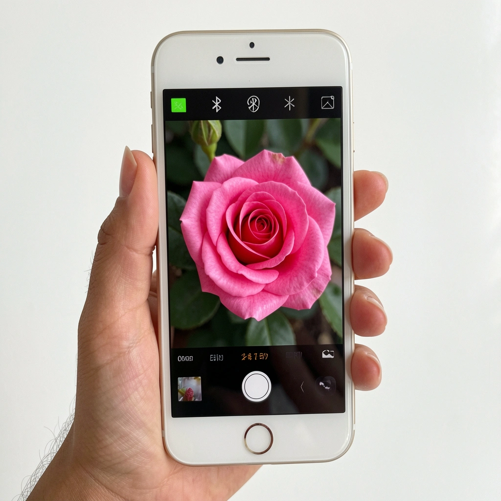 Mão segurando smartphone com a câmera voltada para uma flor em close.