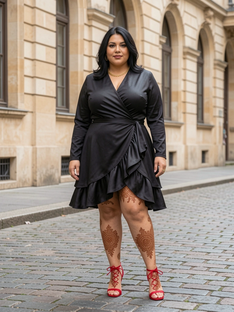 Mulher plus-size em vestido preto com saia plissada e sandálias vermelhas, joia dourada e tatuagens de hena, em rua de paralelepípedos com edifício histórico ao fundo.