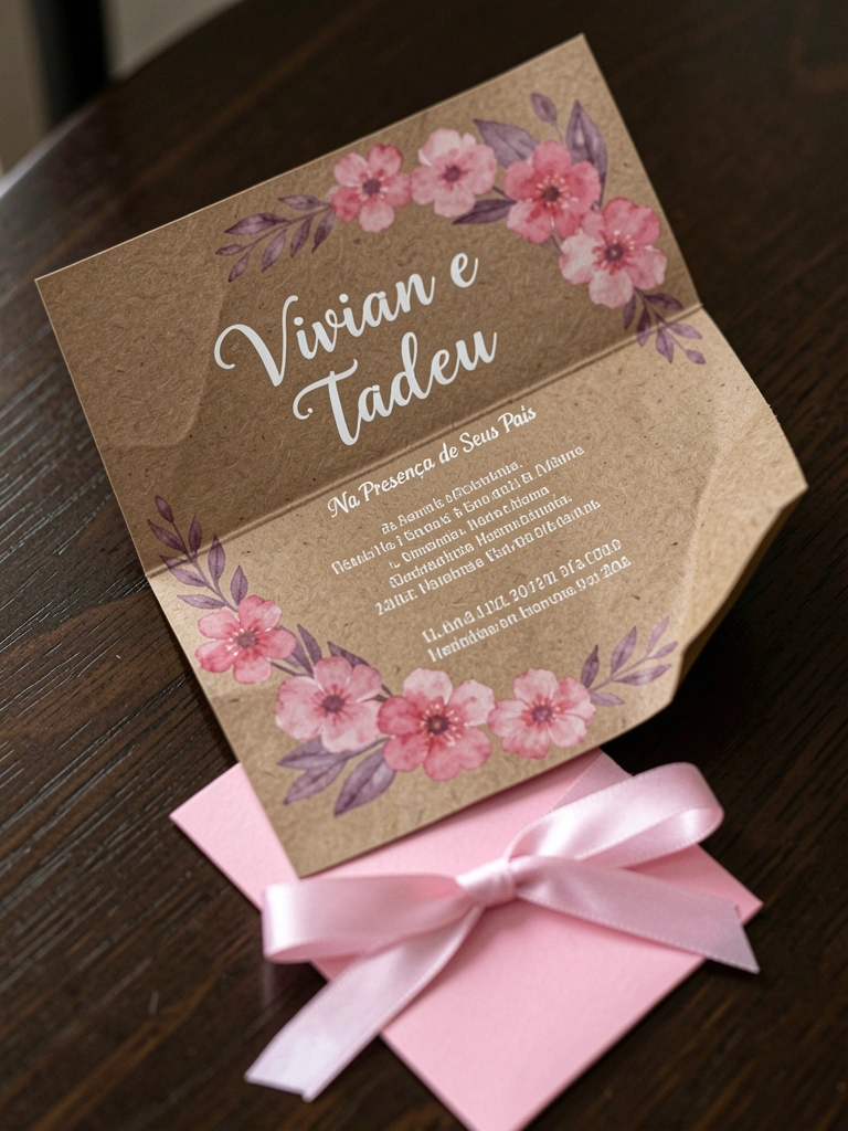 Convite de casamento civil aberto com nomes dos noivos, data e local em papel pardo.