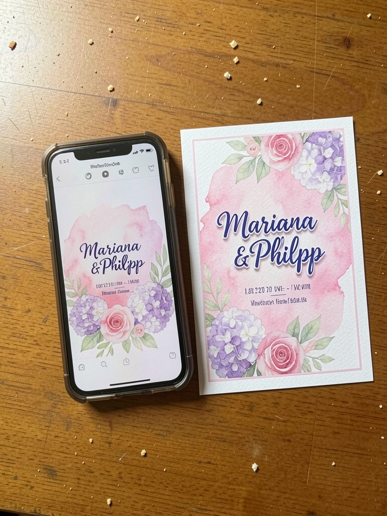 Smartphone exibindo convite digital ao lado de convite impresso sobre mesa de madeira