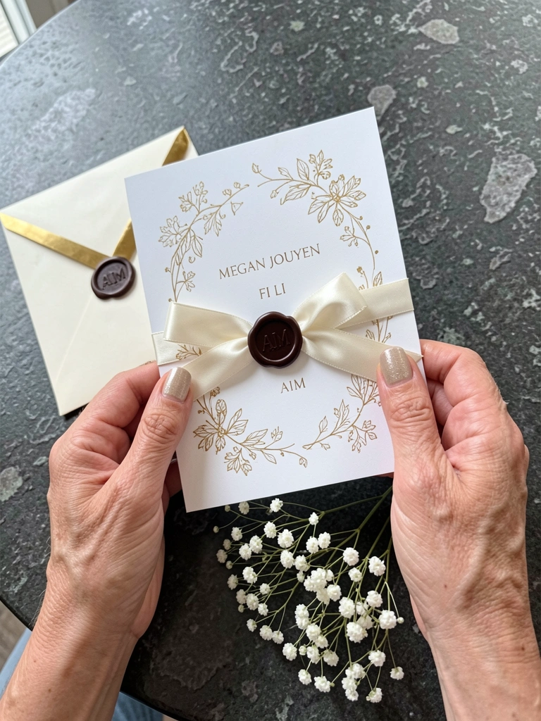 Convite floral dourado sobre mesa de madeira, envelope e selo de cera ao lado.