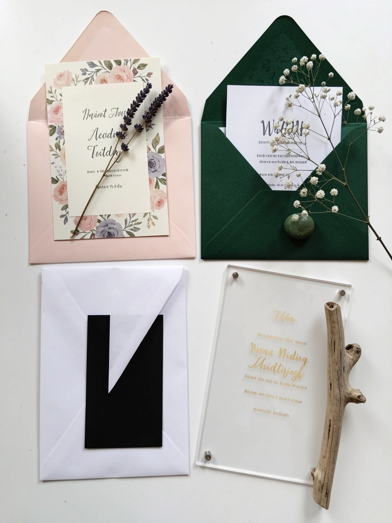Quatro convites de casamento dispostos em colagem: floral, boho, minimalista e acrílico.
