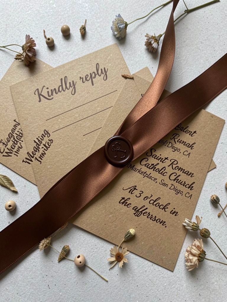 Convite kraft com lettering boho e fita de cetim bege sobre superfície de madeira clara.