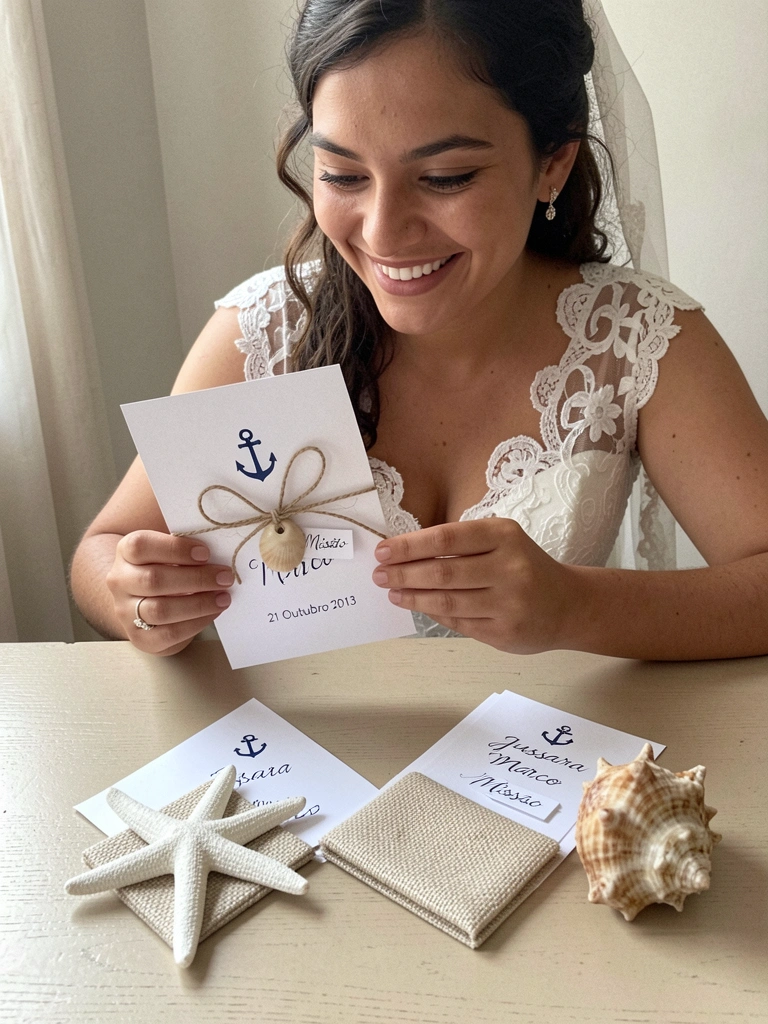 Noiva sorrindo segura e analisa vários modelos de convite de casamento sobre uma mesa.