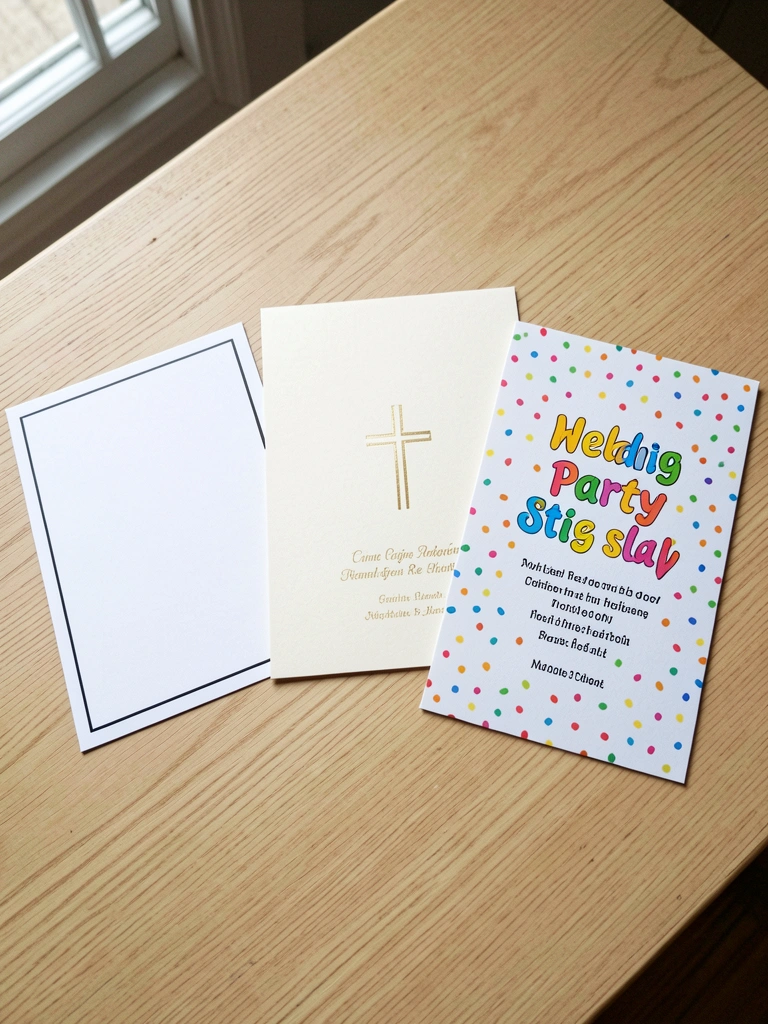 Três convites de casamento lado a lado: um civil em papel kraft, um religioso em branco com detalhes dourados e um de festa colorido.