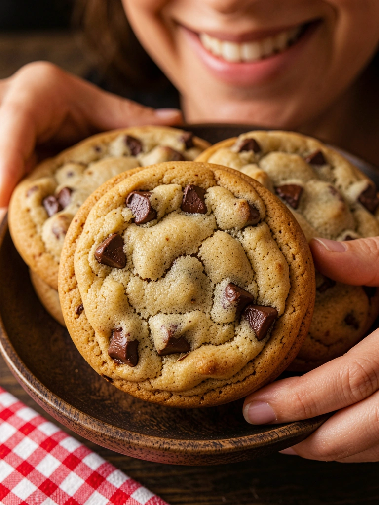 Prato de madeira rústica escura com cookies grandes de chocolate meio amargo derretido, luz quente e guardanapo xadrez vermelho e branco no canto.