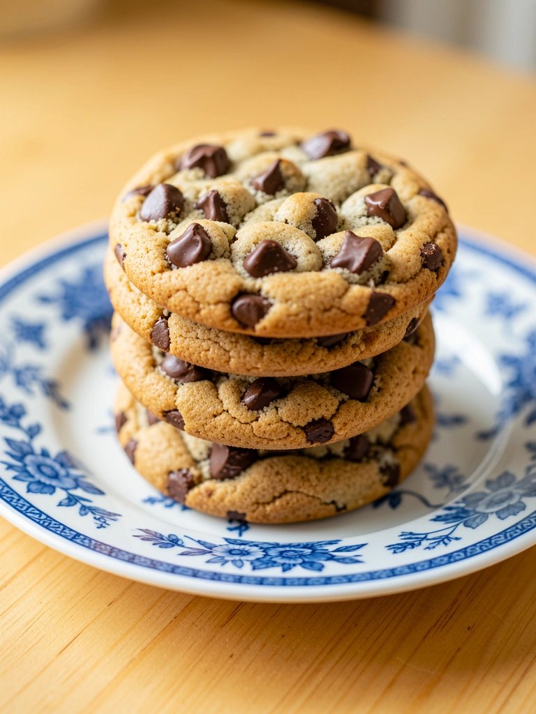 Pilha de cookies dourados com pedaços de chocolate em prato azul e branco floral sobre mesa de madeira clara, foco nítido e fundo suave.