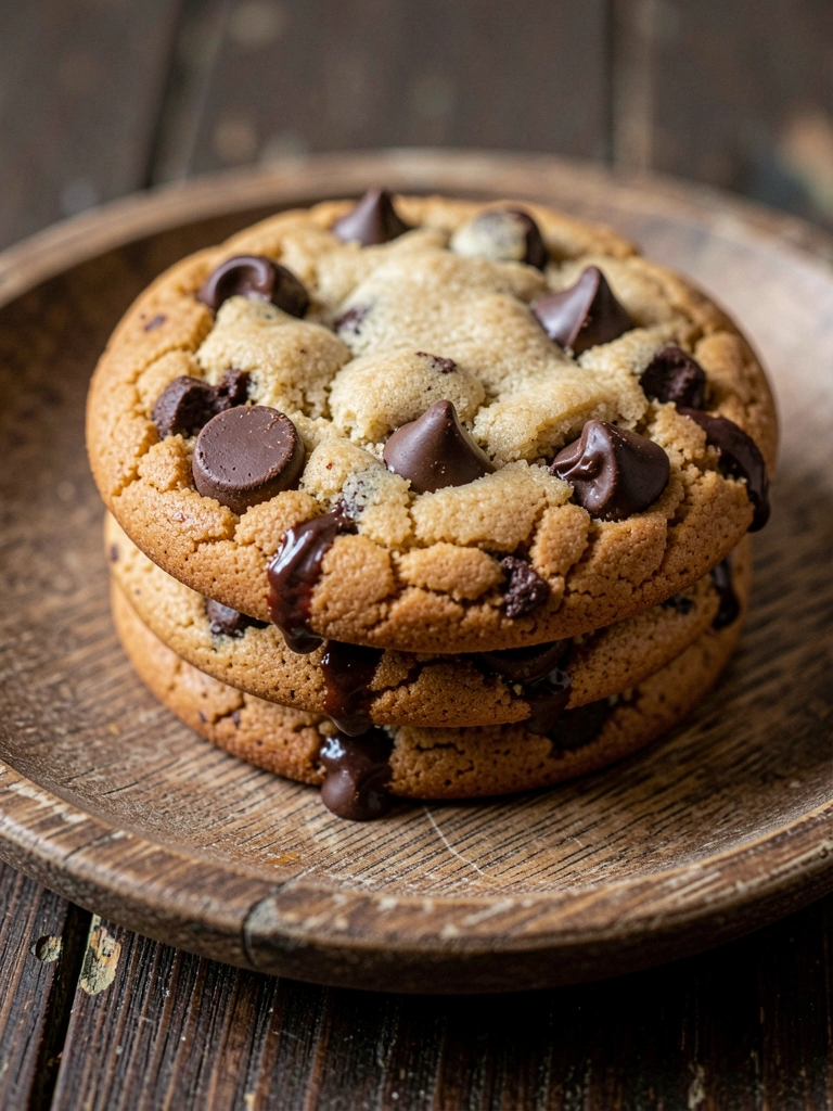 Dois cookies de chocolate empilhados em prato rústico de madeira, com gotas de chocolate derretidas e textura crocante visível, iluminação natural suave.