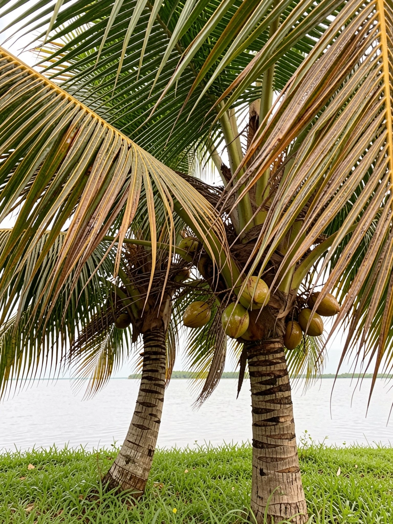 Coqueiros jovens com folhas verdes e marrons, cocos brilhantes pendurados, lagoa calma e grama verde sob luz suave.