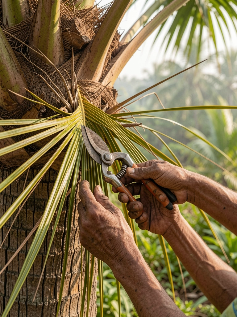 Mãos envelhecidas colhendo folhas de coco com tesoura de poda, textura das frondes e casca da palmeira, luz natural quente e fundo desfocado de vegetação tropical.