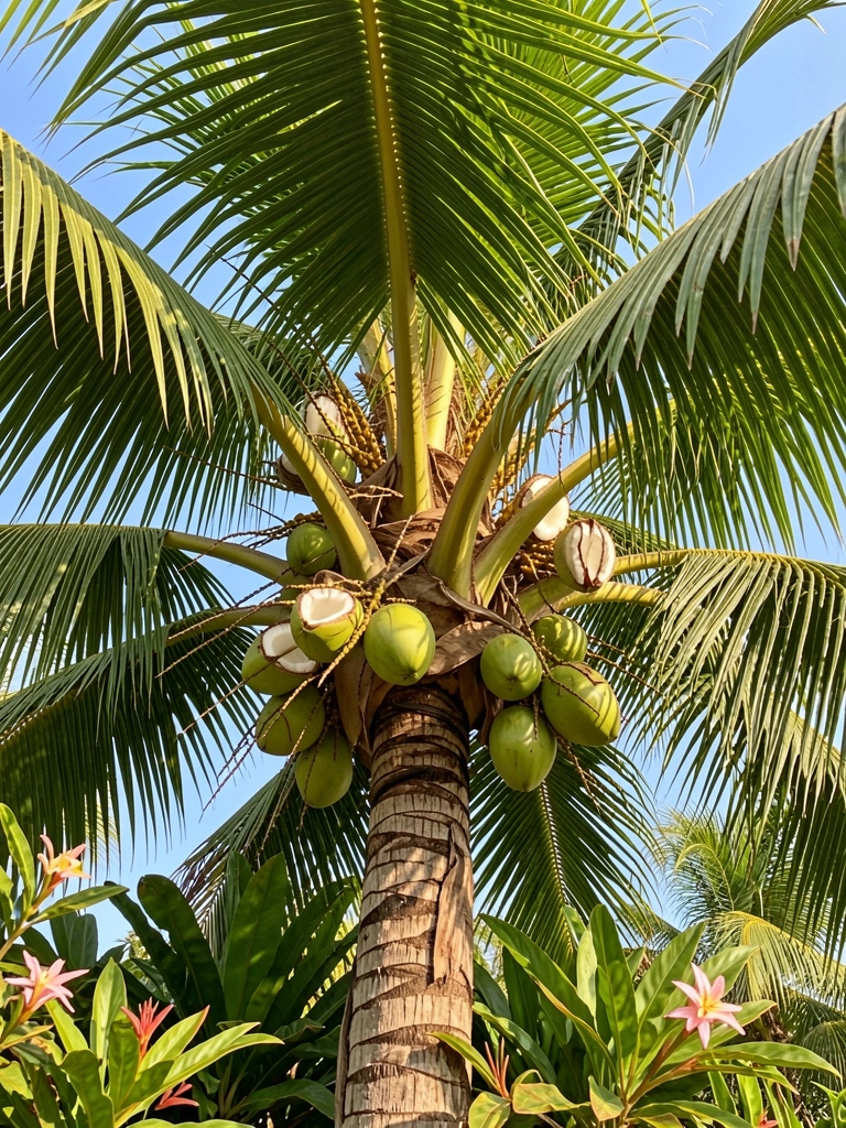 Palmeira de coco com folhas verdes e tronco texturizado, cocos pendurados, vegetação tropical e flores rosadas no primeiro plano, luz natural intensa.