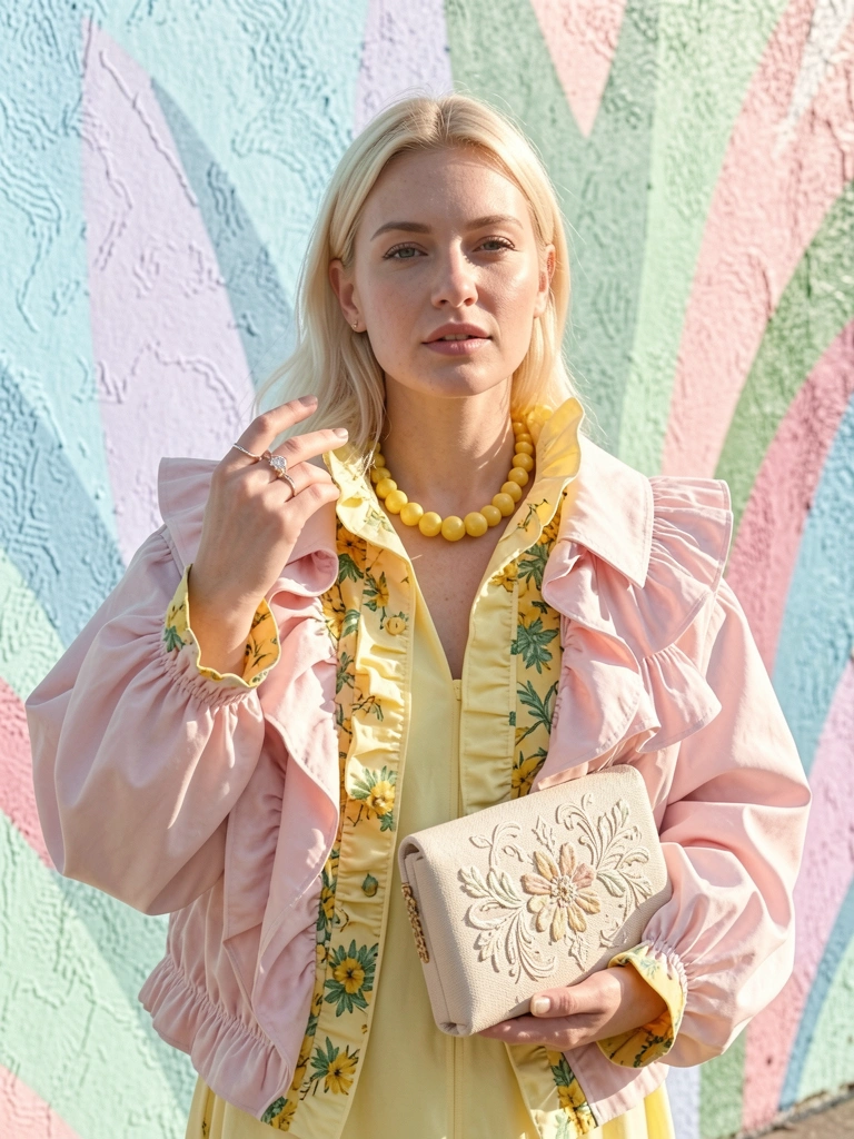 Mulher loira de jaqueta rosa bufante com forro floral, vestido amarelo, colar de contas e clutch bordada, mural pastel ao fundo, luz natural.