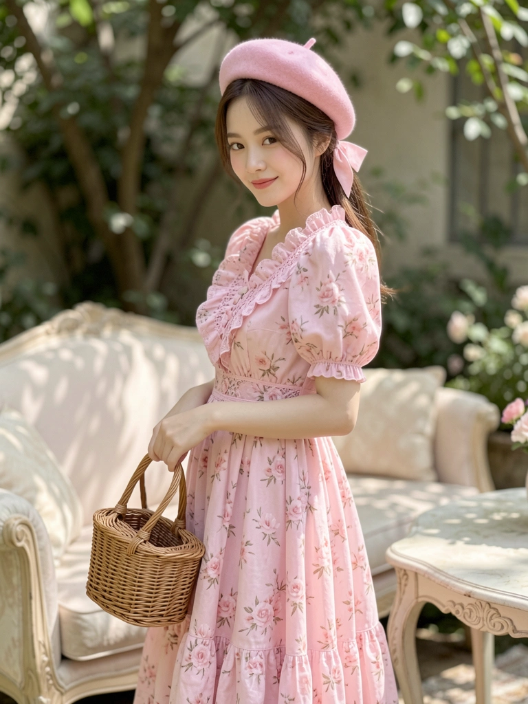 Vestido midi rosa com laço e boina combinando, cesta de vime, sofá claro e mesa vintage ao fundo, luz difusa natural.