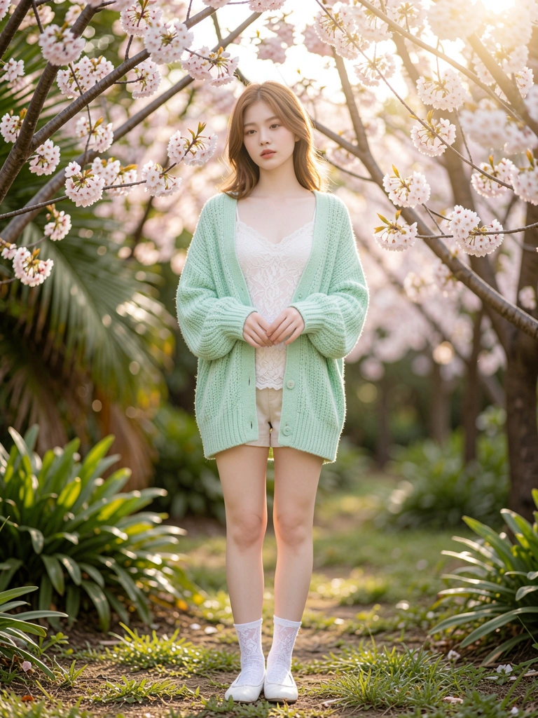 Jovem de cardigã verde-menta e camisola de renda branca em jardim com cerejeiras floridas, luz natural filtrada pelos galhos.