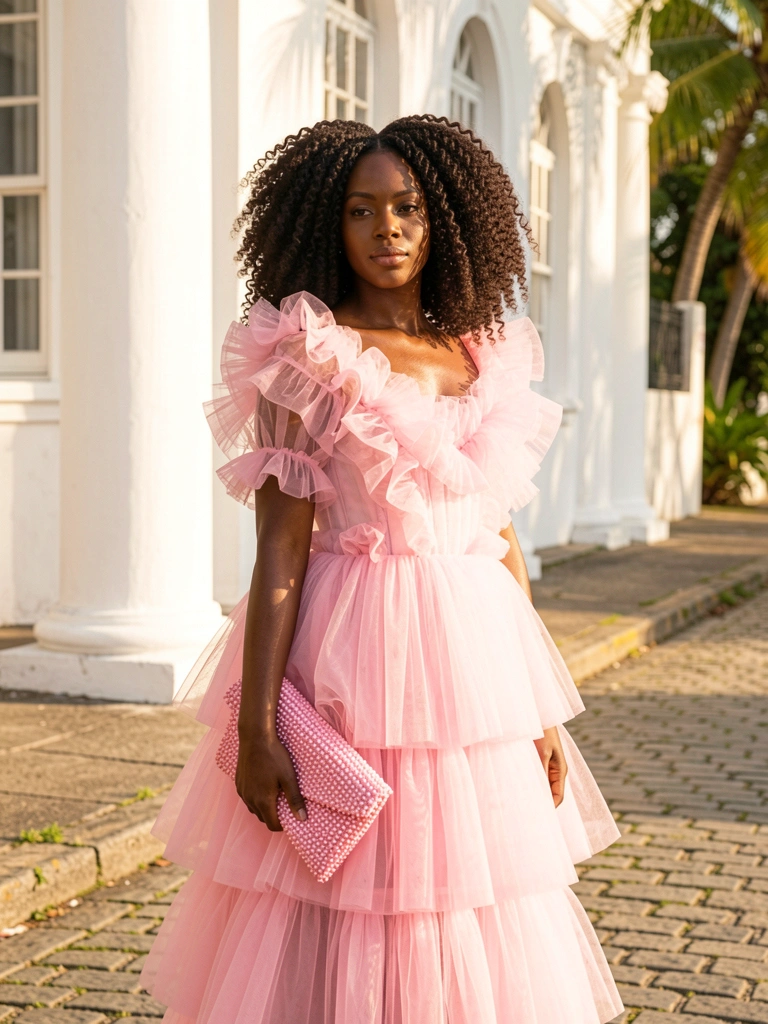 Mulher negra com cabelo trançado volumoso, vestido de tule rosa com camadas e bolsa de miçangas, em rua de paralelepípedos com coluna branca ao fundo, luz natural do dia.