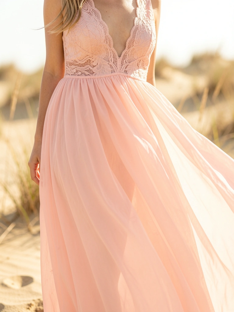 Vestido de chiffon rosa claro com renda no corpete, balançando ao vento contra dunas de areia e grama seca ao fundo.