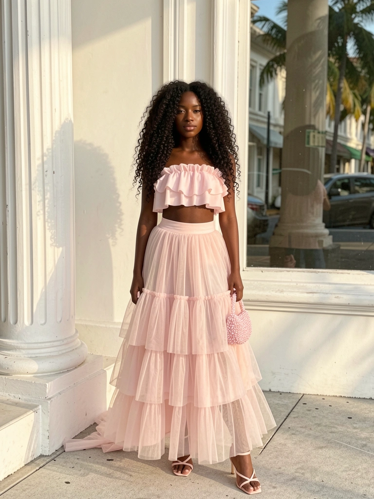 Saia de tule rosa claro em camadas com top cropped combinando, bolsa de miçangas rosa e sapatos de tiras, mulher negra de cabelos cacheados em frente a prédio com colunas brancas e janela refletindo a rua, luz natural quente.