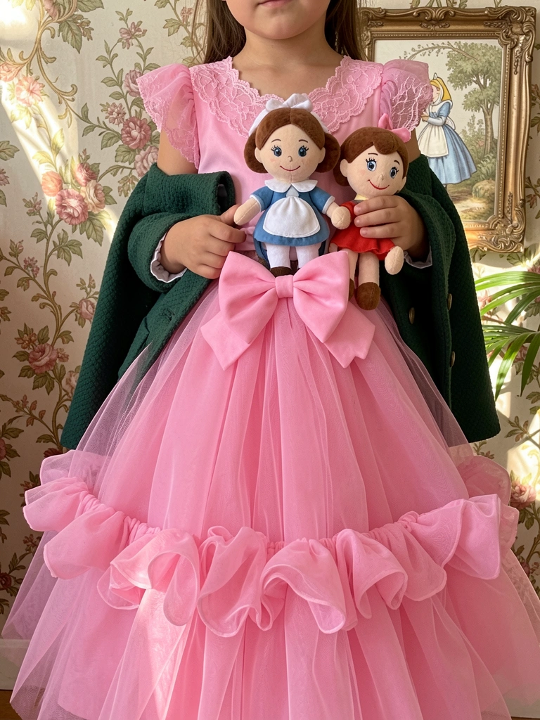 Garota de vestido rosa tule volumoso com laços e renda, segurando bichinho de pelúcia Alice, luz natural difusa e papel de parede floral ao fundo.